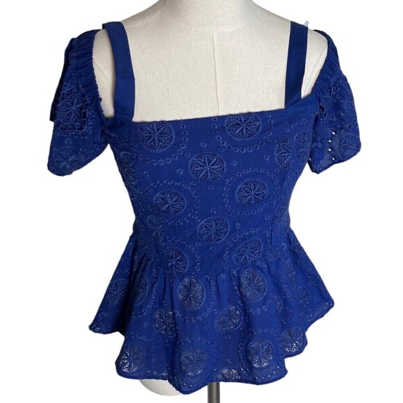Parker Cold Shoulder Blouse Size S Blue Strapped Short Sleeve - Picture 1 of 9
